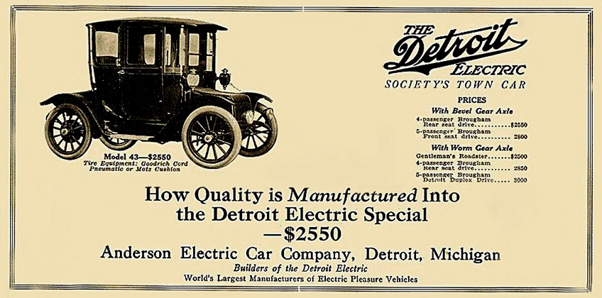 Реклама Detroit Electric Model 43 Special 1914 года