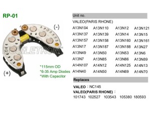 RP-01 (MOBILETRON) Діодний міст генератораRenault 19 88-00 Renault Clio I 90-98